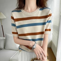 Women's T-Shirt Summer 100% Cotton Sweater Short Sleeve Striped Knitted Round Neck Ladies Tops Loose Blouse Pullover Tees