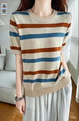 Women's T-Shirt Summer 100% Cotton Sweater Short Sleeve Striped Knitted Round Neck Ladies Tops Loose Blouse Pullover Tees