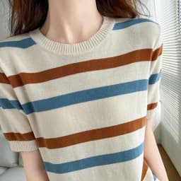 Women's T-Shirt Summer 100% Cotton Sweater Short Sleeve Striped Knitted Round Neck Ladies Tops Loose Blouse Pullover Tees
