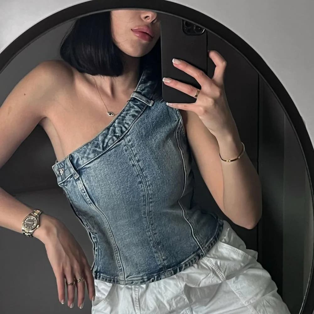 Sexy Jean Women Top Off Shoulder Sleeveless Bustier Tops 2024Summer Lady Elegant Street Wear TankBlue Backless Denim Corset Crop