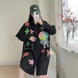 New Heavy Industry Sequin Long Sleeved Loose Shirt Printed Mid Length Personalized Trendy Coat Women's Spring And Autumn