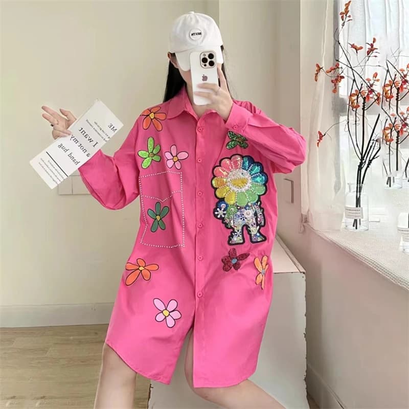 New Heavy Industry Sequin Long Sleeved Loose Shirt Printed Mid Length Personalized Trendy Coat Women's Spring And Autumn