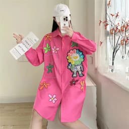 New Heavy Industry Sequin Long Sleeved Loose Shirt Printed Mid Length Personalized Trendy Coat Women's Spring And Autumn