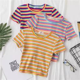 New T Shirt Women Rainbow Striped Tops Slim Fit t shirt Harajuku Tshirt Summer Short Sleeve Korean T-shirt feminina Clothes Tops