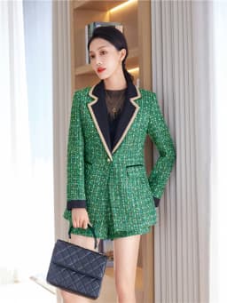 Women's Autumn Winter 2023 Tweed Suit Small Fragrant Style Wool Spliced Blazer Coat Office Lady Top Green Elegant Outwear