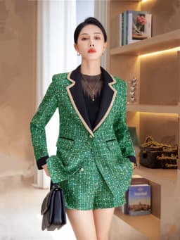 Women's Autumn Winter 2023 Tweed Suit Small Fragrant Style Wool Spliced Blazer Coat Office Lady Top Green Elegant Outwear