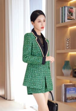 Women's Autumn Winter 2023 Tweed Suit Small Fragrant Style Wool Spliced Blazer Coat Office Lady Top Green Elegant Outwear