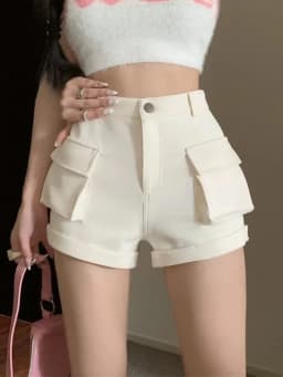 Zoki Korean Casual Cargo Shorts Women Pockets High Waist Streetwear Shorts Summer All Match Lady Simple Solid Slim Cargo Shorts