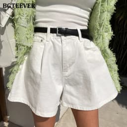 BGTEEVER Summer Loose Pockets Wide Leg Denim Shorts Women Casual High Waist Single Button Ladies Jeans Shorts