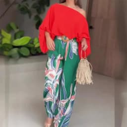 BKLD 2024 Women Commuter Suit Elegant Floral Printing Skew Neck Off-shoulder Tops+High Waist Wide Leg Pants Two-piece Streetwear
