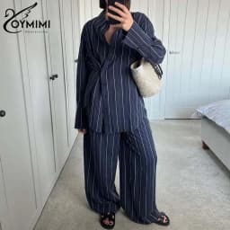 Oymimi Fashion Blue Striped Print Two Piece Set For Women Elegant Long Sleeve Single Breasted Shirts And Loose Trousers Sets