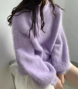 2025 Fashion Autumn Winter Blue Knitted Mohair Pullovers Korean Women Soft Mink Cashmere Mock Neck Lantern Sleeve Loose Sweaters