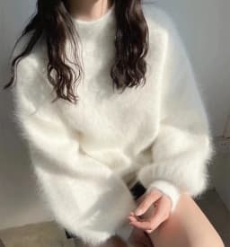 2025 Fashion Autumn Winter Blue Knitted Mohair Pullovers Korean Women Soft Mink Cashmere Mock Neck Lantern Sleeve Loose Sweaters