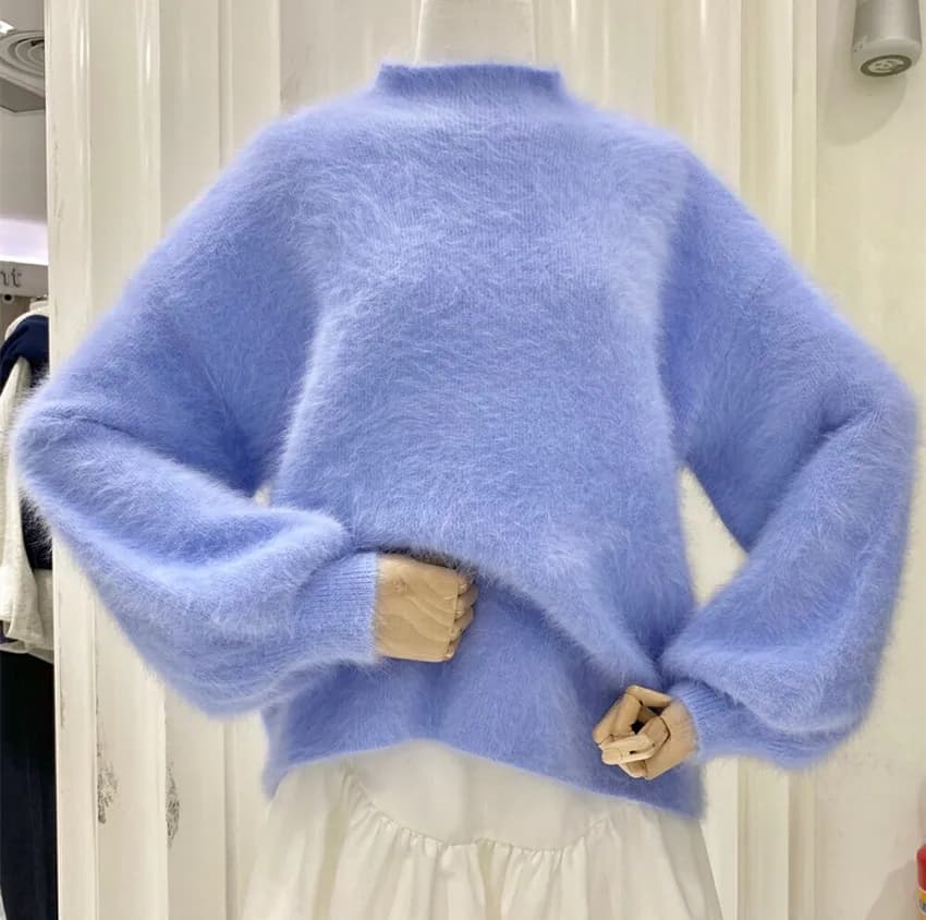 2025 Fashion Autumn Winter Blue Knitted Mohair Pullovers Korean Women Soft Mink Cashmere Mock Neck Lantern Sleeve Loose Sweaters