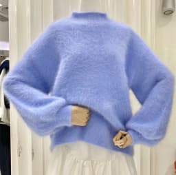 2025 Fashion Autumn Winter Blue Knitted Mohair Pullovers Korean Women Soft Mink Cashmere Mock Neck Lantern Sleeve Loose Sweaters