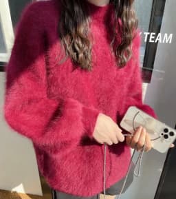 2025 Fashion Autumn Winter Blue Knitted Mohair Pullovers Korean Women Soft Mink Cashmere Mock Neck Lantern Sleeve Loose Sweaters