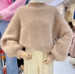 2025 Fashion Autumn Winter Blue Knitted Mohair Pullovers Korean Women Soft Mink Cashmere Mock Neck Lantern Sleeve Loose Sweaters