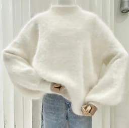 2025 Fashion Autumn Winter Blue Knitted Mohair Pullovers Korean Women Soft Mink Cashmere Mock Neck Lantern Sleeve Loose Sweaters