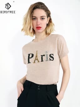 Ins Short Sleeve Paris Eiffel Tower Beaded Tshirt Summer New Women Shinny Cotton O Necks Loose Casual Girls Tops Tees T13115X