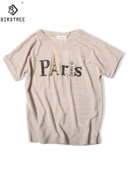 Ins Short Sleeve Paris Eiffel Tower Beaded Tshirt Summer New Women Shinny Cotton O Necks Loose Casual Girls Tops Tees T13115X