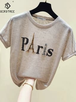 Ins Short Sleeve Paris Eiffel Tower Beaded Tshirt Summer New Women Shinny Cotton O Necks Loose Casual Girls Tops Tees T13115X