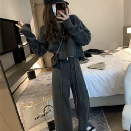 Spring and Autumn Women's Sweater Suit Hooded Knit Sweater Wide-leg Pants Two Piece Set Lazy Casual Knitwear Cardigan Lady Suit
