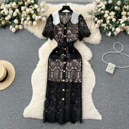 Sexy Chic lace Embroidery Turn-down Collar Dress vintage Elegant Korean Fashion Party Basic Slim Summer dresses