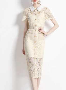 Sexy Chic lace Embroidery Turn-down Collar Dress vintage Elegant Korean Fashion Party Basic Slim Summer dresses