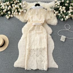 Sexy Chic lace Embroidery Turn-down Collar Dress vintage Elegant Korean Fashion Party Basic Slim Summer dresses