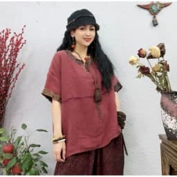 Cotton Linen T Shirt Women Vintage Art Style Loose T-shirt Casual Loose Design Short Sleeve Top Summer Trend V-neck Short Tshirt