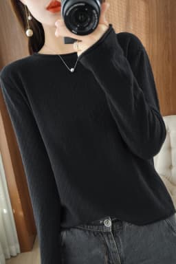 Women 100% Cotton Sweater Curled Round Neck Knitted Pullover Diamond Grid Soft Clothing Long Sleeve Bottoming Tops Autumn Winter