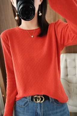 Women 100% Cotton Sweater Curled Round Neck Knitted Pullover Diamond Grid Soft Clothing Long Sleeve Bottoming Tops Autumn Winter