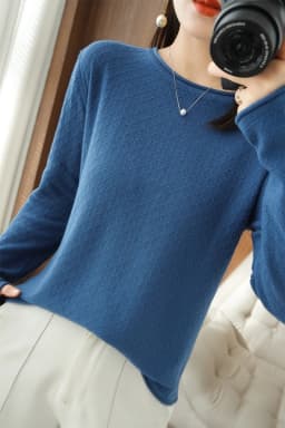 Women 100% Cotton Sweater Curled Round Neck Knitted Pullover Diamond Grid Soft Clothing Long Sleeve Bottoming Tops Autumn Winter
