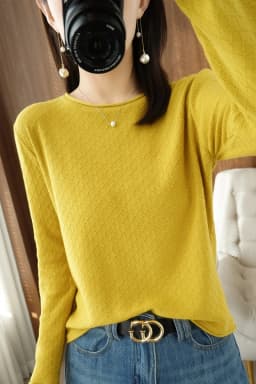 Women 100% Cotton Sweater Curled Round Neck Knitted Pullover Diamond Grid Soft Clothing Long Sleeve Bottoming Tops Autumn Winter