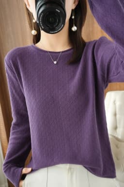 Women 100% Cotton Sweater Curled Round Neck Knitted Pullover Diamond Grid Soft Clothing Long Sleeve Bottoming Tops Autumn Winter