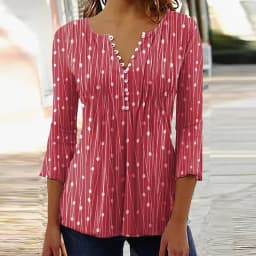 2026 Graphical Print Shirts for Women Women Spring Summer 3/4 Sleeve V Neck Buttons Blouse Shirt Ladies Long Sleeve Tops