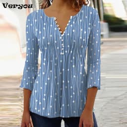 2026 Graphical Print Shirts for Women Women Spring Summer 3/4 Sleeve V Neck Buttons Blouse Shirt Ladies Long Sleeve Tops