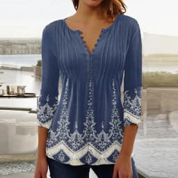 2026 Graphical Print Shirts for Women Women Spring Summer 3/4 Sleeve V Neck Buttons Blouse Shirt Ladies Long Sleeve Tops