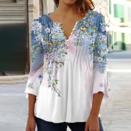 2026 Graphical Print Shirts for Women Women Spring Summer 3/4 Sleeve V Neck Buttons Blouse Shirt Ladies Long Sleeve Tops