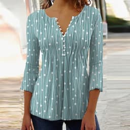 2026 Graphical Print Shirts for Women Women Spring Summer 3/4 Sleeve V Neck Buttons Blouse Shirt Ladies Long Sleeve Tops
