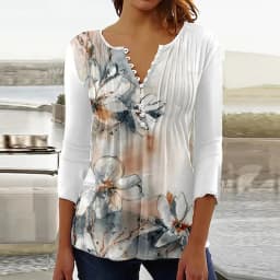 2026 Graphical Print Shirts for Women Women Spring Summer 3/4 Sleeve V Neck Buttons Blouse Shirt Ladies Long Sleeve Tops