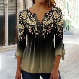 2026 Graphical Print Shirts for Women Women Spring Summer 3/4 Sleeve V Neck Buttons Blouse Shirt Ladies Long Sleeve Tops