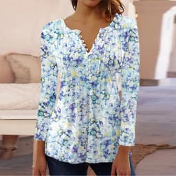 2026 Graphical Print Shirts for Women Women Spring Summer 3/4 Sleeve V Neck Buttons Blouse Shirt Ladies Long Sleeve Tops