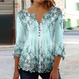 2026 Graphical Print Shirts for Women Women Spring Summer 3/4 Sleeve V Neck Buttons Blouse Shirt Ladies Long Sleeve Tops