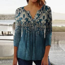 2026 Graphical Print Shirts for Women Women Spring Summer 3/4 Sleeve V Neck Buttons Blouse Shirt Ladies Long Sleeve Tops