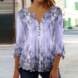 2026 Graphical Print Shirts for Women Women Spring Summer 3/4 Sleeve V Neck Buttons Blouse Shirt Ladies Long Sleeve Tops