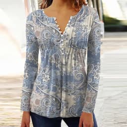 2026 Graphical Print Shirts for Women Women Spring Summer 3/4 Sleeve V Neck Buttons Blouse Shirt Ladies Long Sleeve Tops