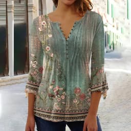 2026 Graphical Print Shirts for Women Women Spring Summer 3/4 Sleeve V Neck Buttons Blouse Shirt Ladies Long Sleeve Tops