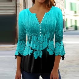 2026 Graphical Print Shirts for Women Women Spring Summer 3/4 Sleeve V Neck Buttons Blouse Shirt Ladies Long Sleeve Tops