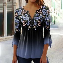 2026 Graphical Print Shirts for Women Women Spring Summer 3/4 Sleeve V Neck Buttons Blouse Shirt Ladies Long Sleeve Tops
